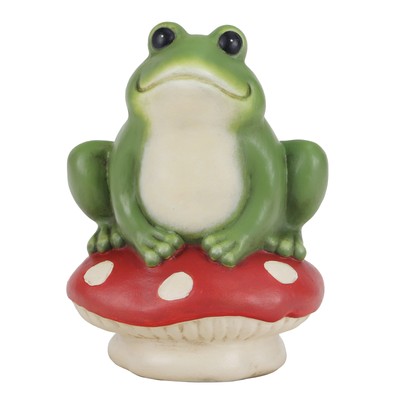 Outdoor Green Frog on Red Mushroom Garden Statuary, 6in L x 4.75 in W x 8.5 in H-image