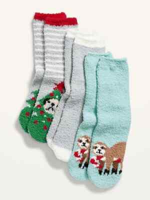 NWT Old Navy 3-Pack Chenille Fuzzy Cozy Socks for Women Sloth Dog Christmas NEW-image