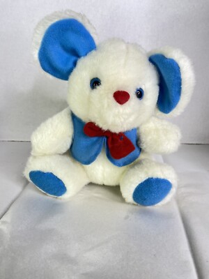 VTG Mouse White Blue Red Nose Bow D & L Imports Plush Stuffed Animal Toy FLAWED-image