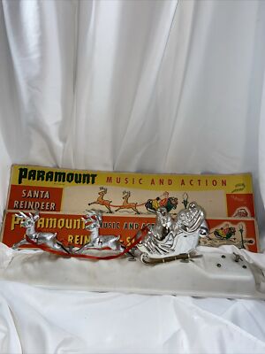 Vintage Paramount Plastic Santa in Sleigh with Reindeer Wind up NO LIGHT-image