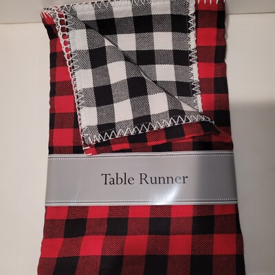 Christmas Buffalo Check Reversable w Embroidered Trim Table Runner 14 x 72 - NEW-image