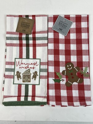 Design Imports DII Gingerbread Man Warmest Wishes Red Plaid Dishtowel Set 2-image