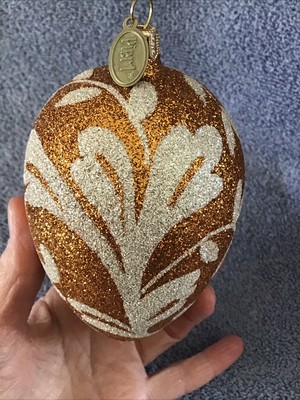 Pier 1  Egg Ornament Yellow Gold White Fancy Filigree Design Large 5” Sparkle-image