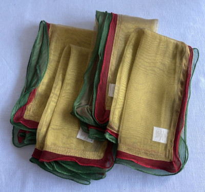 Pier 1 Set Lot 4 Decorative Dinner Napkins Red Grn Gold Metallic Shimmer Holiday-image