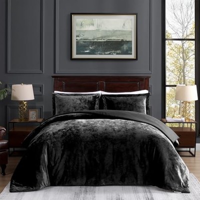  Crushed Velvet Comforter King Set, Black Bedding for All Seasons, Luxury Soft -image
