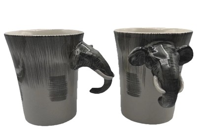 Unique Elephant Handle Mug Cup Pier 1 Imports Hand Painted  Stoneware Set Of 2-image