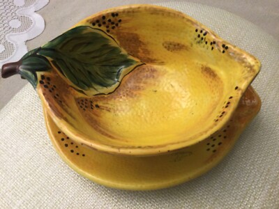 Pier 1 Imports Hand Painted Lemon Shaped  Bowl and Small Platter Earthenware-image