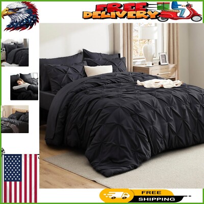 Machine Washable King Size Comforter Set - Cozy Pintuck Design in Black-image