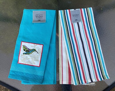 Hummingbird Applique Tea Towel with Color Coordinating Stripe Tea Towel-image