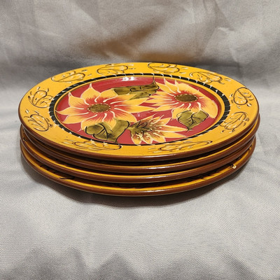 Pier 1 Imports Sunflower Salad Dessert Plates Hand Painted Terracotta (4) 8 inch-image