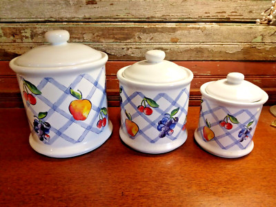 Vintage Jay Imports Ceramic Canister Set ~ 3-pc with Lids ~ Fruit Design-image