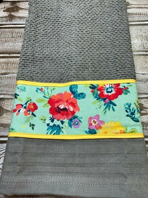 Gray Kitchen Hand Towel Fabric Teal with Red Lavender Yellow Flowers and Trim-image