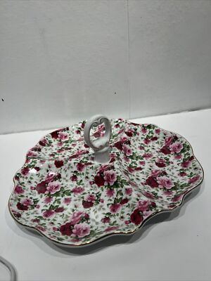 Vintage Jay Imports Tidbit Candy Trinket  Dish Tray with Handle  Rose Design-image