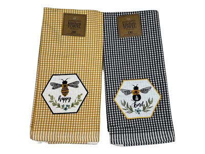 Design Imports DII Bee Happy Kind Gingham Embellished Dishtowel Set of 2 NWT-image