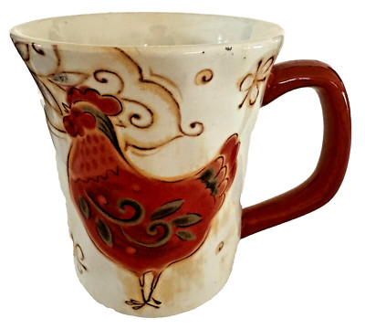 PIER 1 IMPORTS GALLO ROOSTER COFFEE TEA MUG WHITE ORANGE IRONSTONE 4.75''  (4)-image