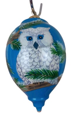 Pier 1 One Art Glass Snow Owl Christmas Tree Ornament Li Bien 2015 Blue In Box-image