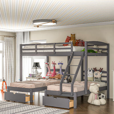 Full over Twin & Twin Bunk Bed Triple Bunk Bed Kids Wood Bed w/ Storage Drawers-image