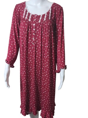 Eileen West Nightgown Womens (M) Red Floral Buttons Lace Cozy Soft Ruffle Sleep-image