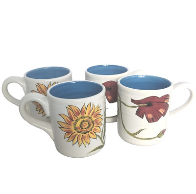 Sunflower Fields Setof 4 Mugs Cups Pier1 Imports Hand Painted Earthenware Coffee-image