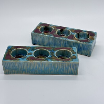 Pier 1 Imports Glazed Blue Red 8 In Ceramic Pair Of Tea Light Candle Holders-image