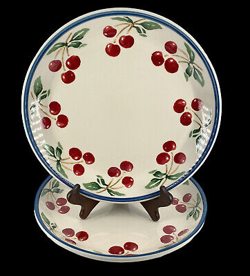 2 Vtg Folk Craft CHERRY ORCHARD 11” Dinner Stoneware Plate 3-Cherries Bunch EUC-image