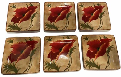 Pier 1 imports Poppies Earthenware 6”Sq Dessert/Appetizer Plate HandPaint. 6 Pcs-image