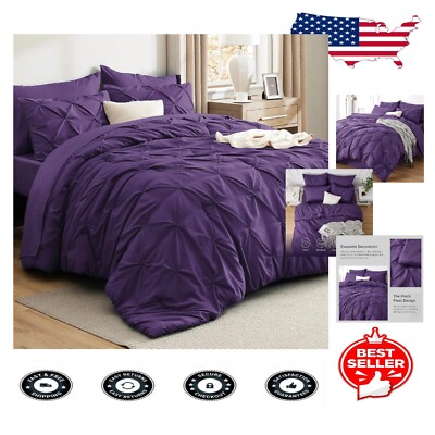 Deluxe King Size Pintuck Comforter Set - Elegant Purple Bedding for Cozy Living-image