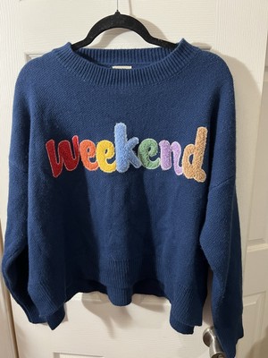 debut Soft Cozy Loose Fit Weekend Long Sleeve Blue Sweater Bright Letters Size M-image