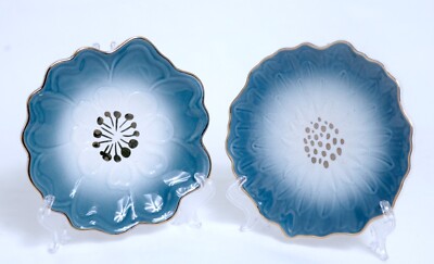 Pier 1 Blue Gold Flower Appetizer/Snack/Dessert Plates Stoneware Pair China-image