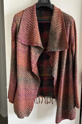 John Mark S Open Waterfall Cardigan Sweater Mottled Plaid Autumn Leaves Fringe-image