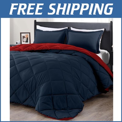 Luxury Reversible King Comforter Set - Cozy Microfiber Bedding in Red/Navy-image