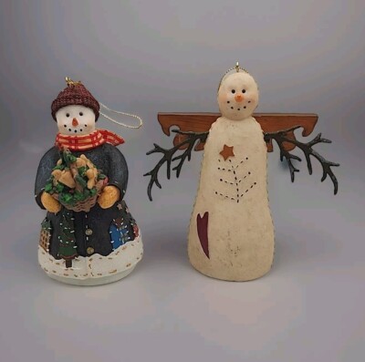 2 Vintage Raz Imports Deb Strain Designed Snowman In Coat & Angel Ornaments 1999-image