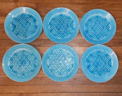 Pier 1 Turquoise Crackle 11” Stoneware Dinner Plates Set Of 6 Discontinued EUC -image