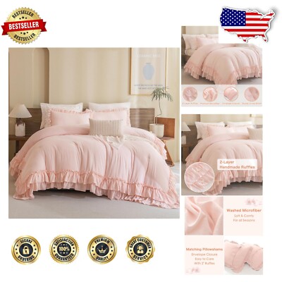 Elegant Blush Pink Ruffled Queen Comforter Set - Machine Washable & Fluffy-image