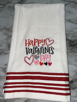 Embroidered  Striped Kitchen Hand Towel Happy Valentine's Day  Hearts  BS2972-image