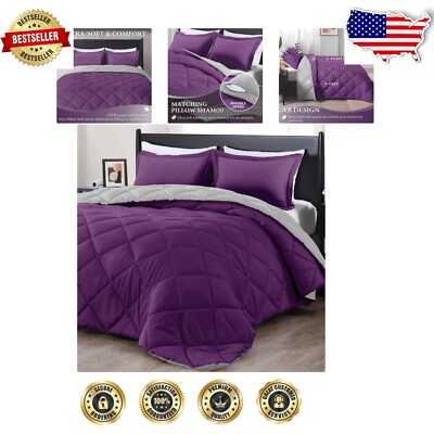 Plush Microfiber Twin Comforter Set - Elegant Purple/Grey Reversible Design-image
