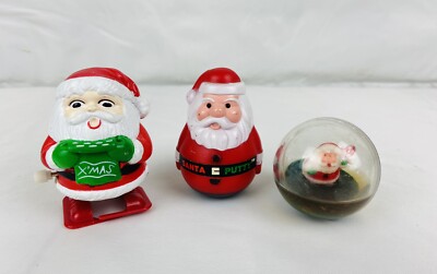 Vintage Christmas 3pc Santa Claus Plastic Toys Roly Poly Putty Wind Up Walker -image