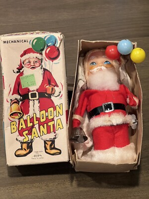 Vintage Mechanical Alps Ringing Bell Baloon Santa IOB Works-image