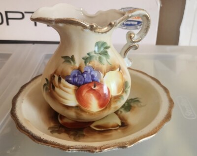 Vintage Enesco Imports Japan Porcelain Bowl & Pitcher Hand Painted Fruit Design -image