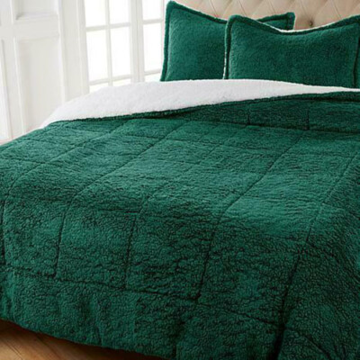 Warm & Cozy Plush Sherpa Reversible 3 piece Comforter Set Queen, Emerald-image