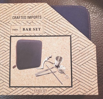Crafted Imports 5 Piece BAR SET w/pop-up shot glass, ice tong, cork screw - New-image