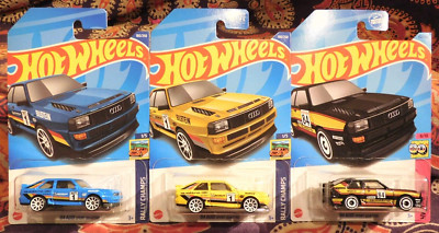 Hot Wheels Lot of 3 '84 AUDI SPORT QUATTRO '22 Yellow & Blue '23 Black-image
