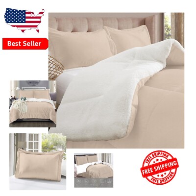 Heavyweight Taupe Sherpa Comforter Set - Machine Washable & Cozy All Seasons-image