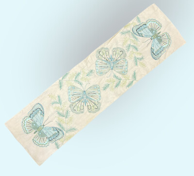 PIER 1 Butterfly TABLE RUNNER~ EMBROIDERED & Embellished w/ Beads Blue Green-image