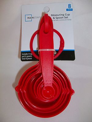 Red Kitchen Measuring Cup and Spoon Set 8 Plastic 4 Cups 4 Spoons-image