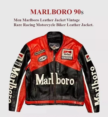 Men Marlboro Leather Jacket Motorcycle Racing rare Biker Vintage Jacket-image