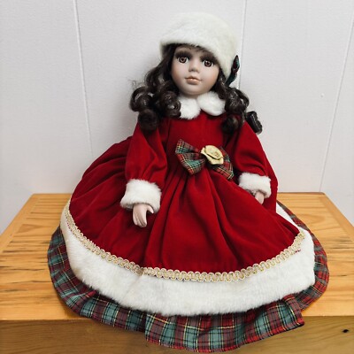 Vintage Christmas Decoration Doll Red Velvet Dress Faux Fur Hat Dark Curls-READ-image