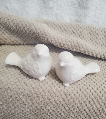 Pier 1 White Ceramic Scroll Design Bird Salt & Pepper Shakers -image