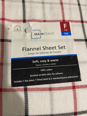 Full Size Flannel Cozy Sheets New Cotton Strip Red Grey Flat Fitted Pillow Case-image