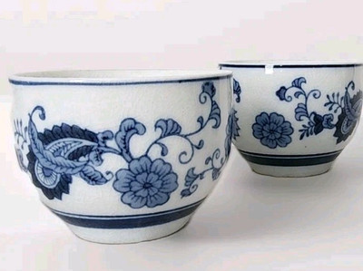 A Pair Of (2) PIER ONE IMPORTS TEA CUPS WHITE WITH BLUE FLORAL & PAISLEY DESIGN-image